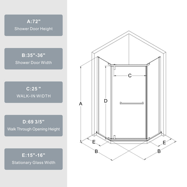 English Elm Goodyo Neo-Angle Frameless Shower Door 36x36x72 Corner Enclosure with 1/4" Tempered Glass, Matte Finish, 304 Stainless Hardware, Easy-Clean Chrome D163107682