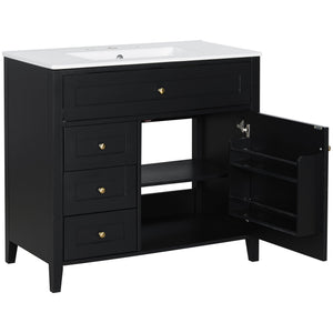 English Elm 36-Inch Black Bathroom Vanity With Sink – Modern Design, 3 Drawers, Adjustable Shelf For Storage N725P350821B
