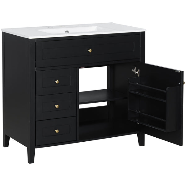 English Elm 36-Inch Black Bathroom Vanity With Sink – Modern Design, 3 Drawers, Adjustable Shelf For Storage N725P350821B