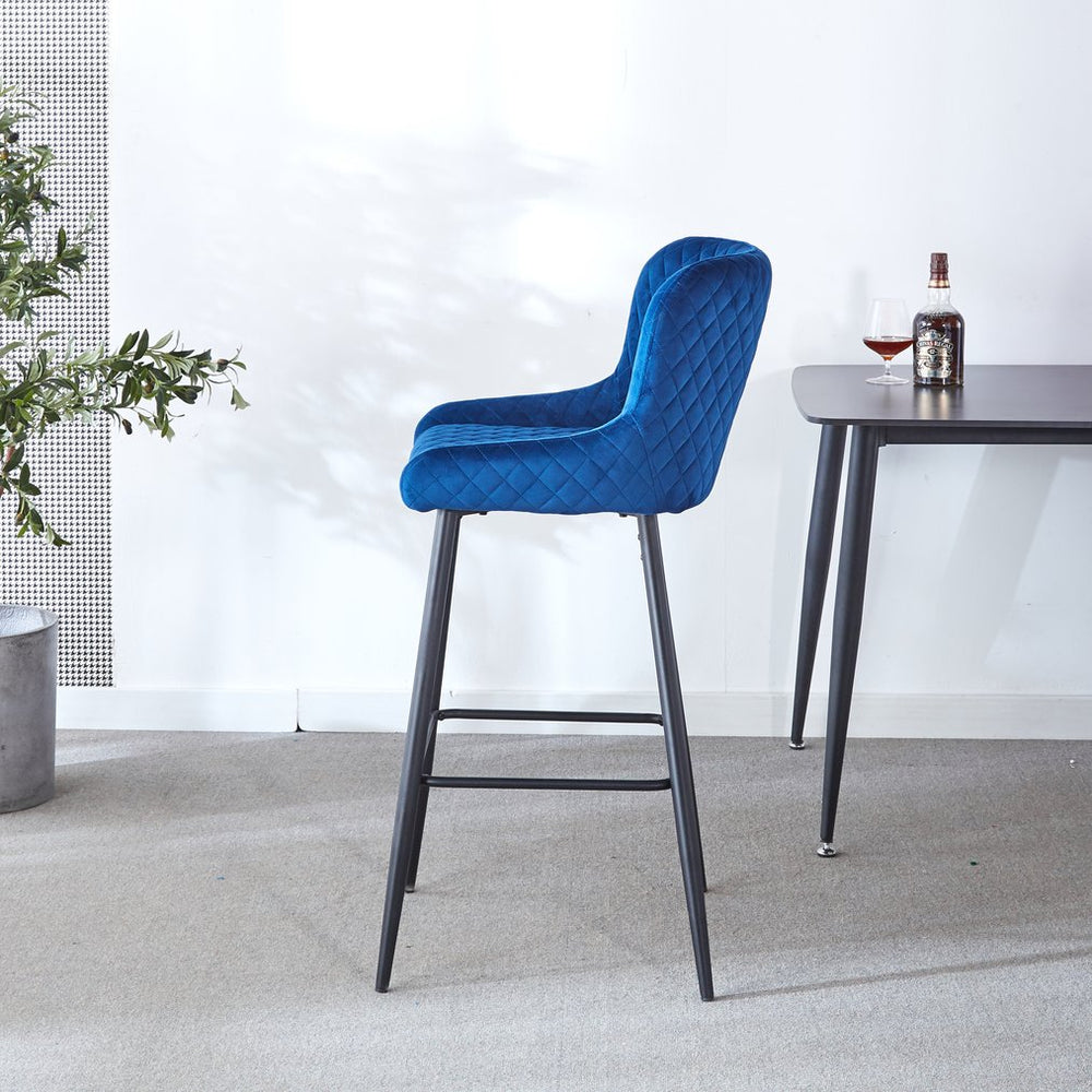 English Elm Counter Height Bar Stool Velvet Upholstered Set of 2 with Ergonomic Curved Back & Black Metal Legs Blue B205P241937