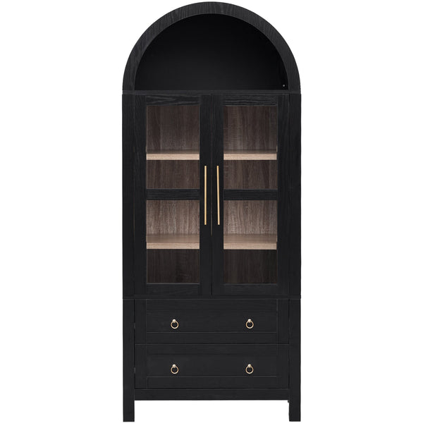 English Elm K&K 71" Arched Kitchen Pantry Cabinet with Glass Doors, Adjustable Shelves, Soft-Close Drawers Black N707P288972B
