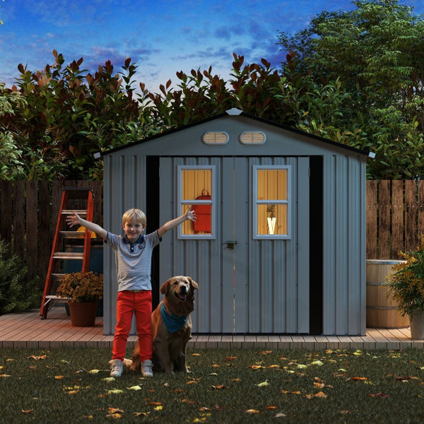 English Elm Outdoor Metal Storage Shed 8x8 Ft with Four Windows and Lockable Double Doors White W1598S00037