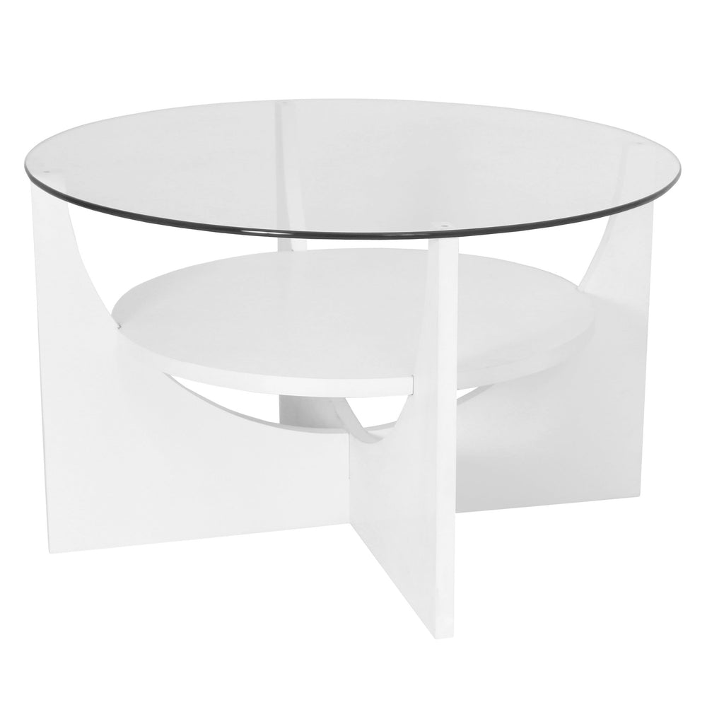 English Elm U U Shaped Contemporary Coffee Table White with Tempered Glass Top & Floating Shelf, Modern Design B202P223386