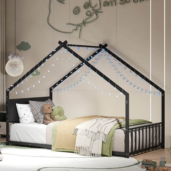 English Elm Twin House Bed Frame with Led Lights Iron Slats Low Profile Kids Bedroom W1820P234194