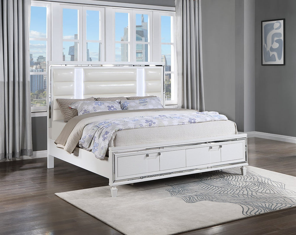 English Elm Genoa King Storage Bed Glam Faux Leather Headboard with Led Lighting Mirror Accents B078S00715