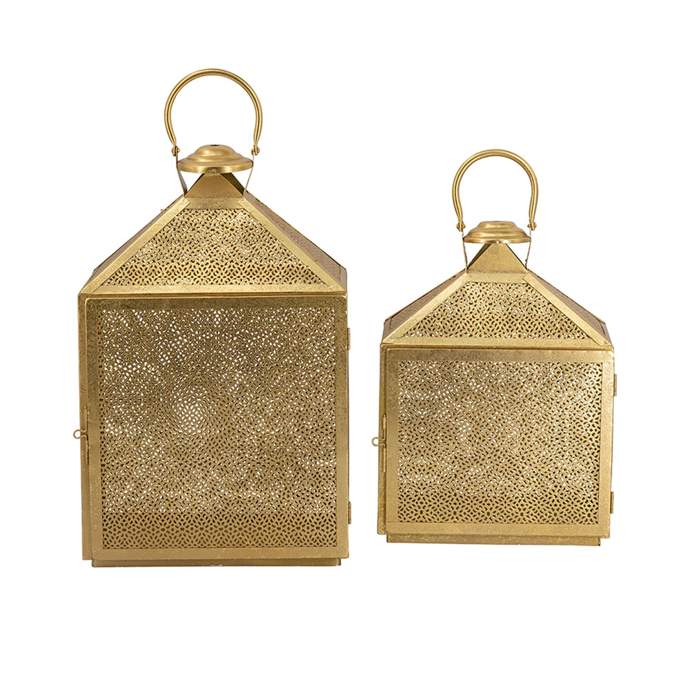 English Elm S/2 Gold Iron Lanterns Moroccan-Inspired Perforated Metal Design for Tabletop Décor, Warm Ambient Glow W2078P406624