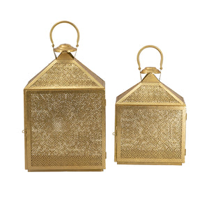 English Elm S/2 Gold Iron Lanterns Moroccan-Inspired Perforated Metal Design for Tabletop Décor, Warm Ambient Glow W2078P406624