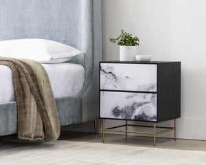 Sunpan Cordero Modern Nightstand with Marble-Effect Drawers, Antique Brass Legs - Stylish Acacia Design