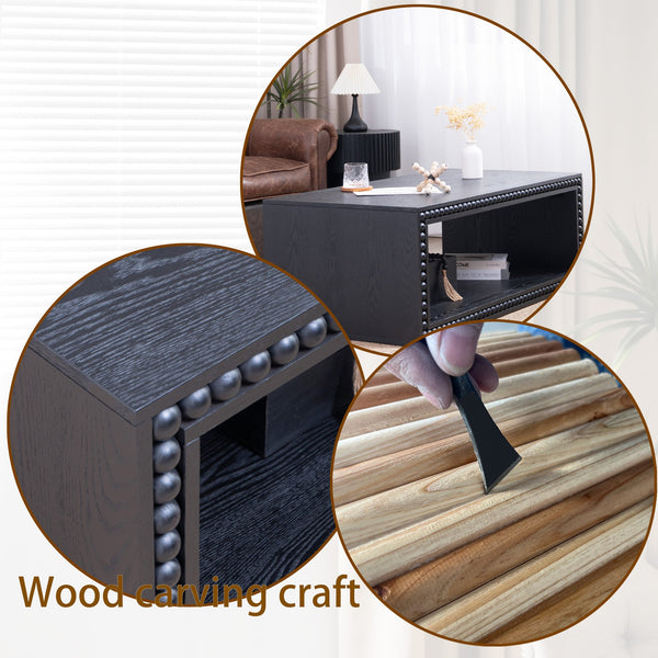 English Elm Black Beaded Edge Coffee Table | 47.6" Rectangular Matte Black Center Table with Open Shelf, Farmhouse Charm and Durable Crafted Trim W2729P309448