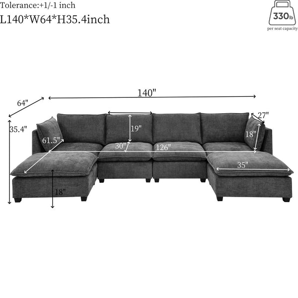 English Elm Comfy Cloud Sectional Chenille Deep Seat Sofa with Ottomans for Living Room Lounging Grey W1117S00285