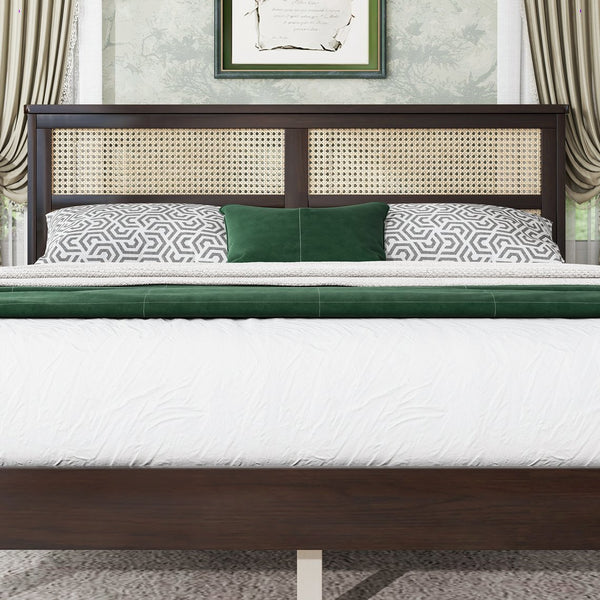 English Elm Queen Rubberwood Bed with PE Rattan Headboard, Espresso Finish, Solid Frame, 14 Slats, 300lb Capacity W504P252031