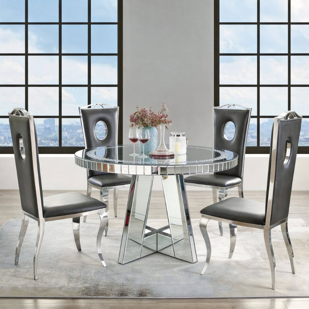 English Elm Diamond Crystal Mirrored Round Dining Table Seats 4 Glamorous Light Reflecting Glass W3836S00003