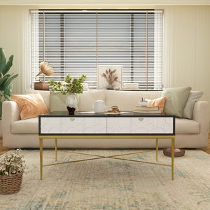 English Elm Modern Black and White Coffee Table with 2 Drawers Scottie Dogs Pattern, Sturdy MDF, Waterproof Top, X-Leg Stability, Adjustable Feet and Hidden Storage T3609P347453