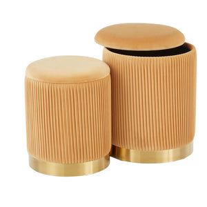 English Elm Marla Pleated Nesting Ottoman Set – Lux Velvet Upholstery with Gold Metal Base, Space-Saving Chic Orange B202P223736