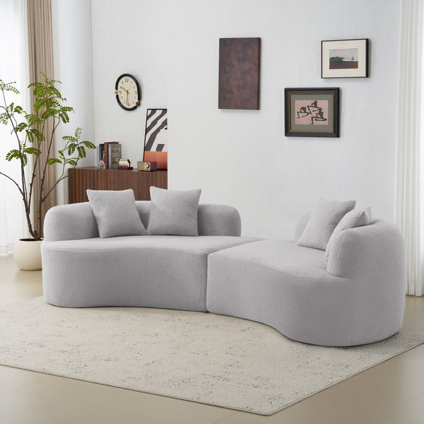 English Elm Curved Four-Seater Teddy Velvet Sofa with Full-Compression Sponge and Spring Support, No-Assembly, Compact Grey W3612S00002