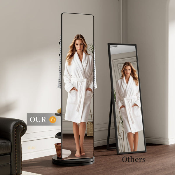 English Elm 360° Swivel Full Length Mirror with Coat Hooks Solid Rubberwood Frame Bedroom Entryway W2987P225480