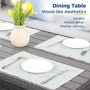 English Elm 7 Piece Pe Rattan Outdoor Dining Set Seats Nine with Wpc Table and Modular Sofa Grey+Brown B082S00079