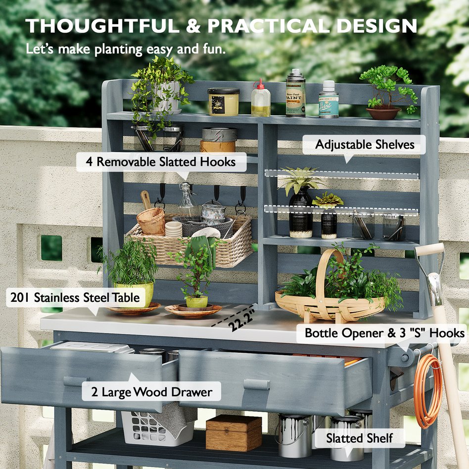 English Elm K&K 64.9" Outdoor Potting Bench with 1.2" Stainless Steel Top, Lockable Wheels, Hutch & Drawers Grey+Blue N707P228274G