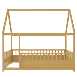 English Elm Full Full-Size Montessori Floor Bed with High Safety Fence, Clockwise Door, Pine Frame & Support Slats Natural W1858P310085