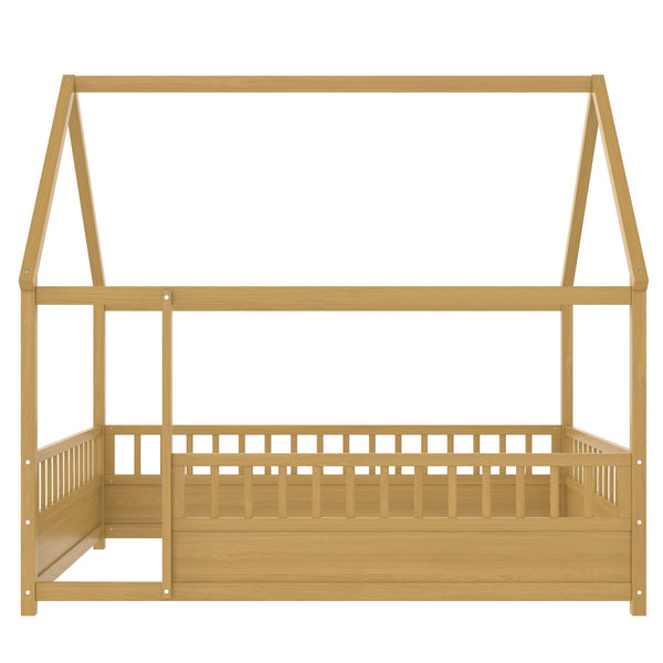 English Elm Full Full-Size Montessori Floor Bed with High Safety Fence, Clockwise Door, Pine Frame & Support Slats Natural W1858P310085
