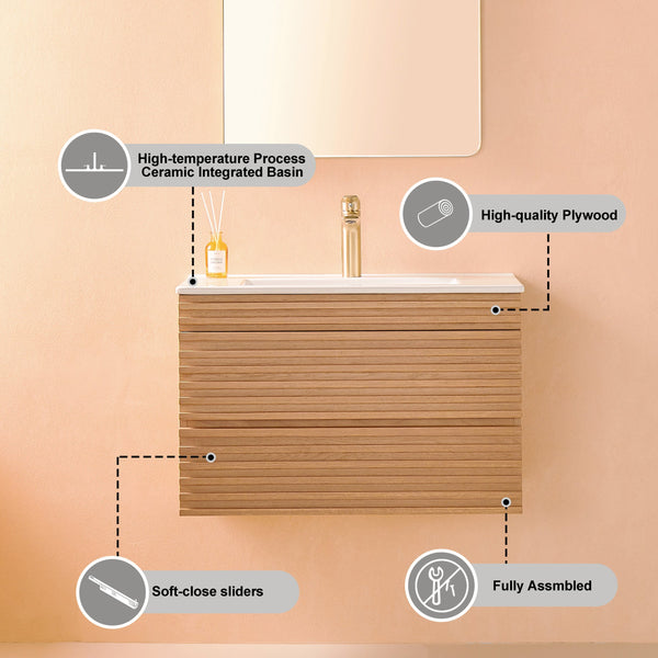 English Elm 30" Tiered Wall Mounted Floating Single Vanity with Ceramic Sink, Plywood Durability & Storage Nook W1826P255391