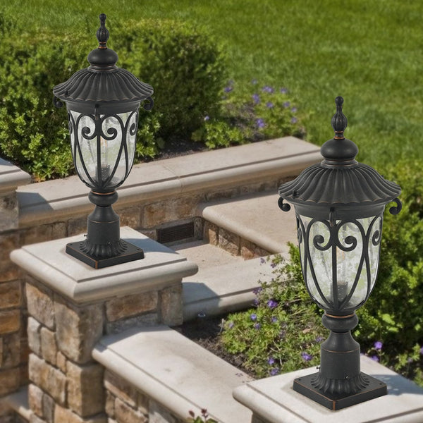 English Elm 24"(H) Vintage Black Outdoor Post Lantern with Bubble Glass, Rust-Resistant Aluminum, E26 Compatible Lighting Elegance for Pathway Patio Garden (Bulb Not Included) W1340P239409