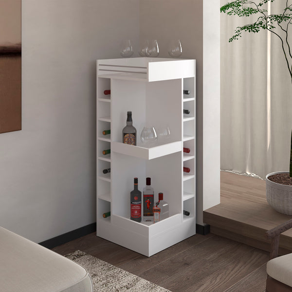 English Elm FM Corner Bar Cabinet with 8-Bottle Rack, Open Display Shelves and Hidden Storage for Home Entertaining White 51.2 L x 23.2 W x 4.7 H B128P269882