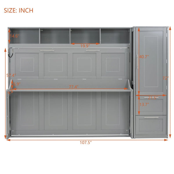 English Elm Full Size Murphy Wall Bed with Wardrobe Drawers Studio Apartment Space Saver Gray LP000792AAE-2