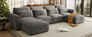 English Elm U_style Modular U-shaped Sectional Sofa Six Seat Linen Fabric with Storage Ottomans Gray WY000491AAE