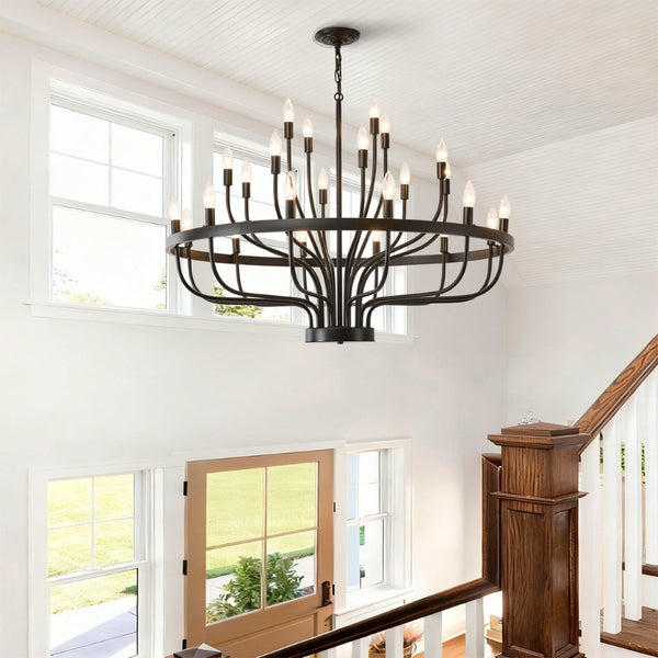 English Elm Industrial Black Metal 24 Arm Candelabra Chandelier for Dining Room or Vaulted Space W2991P406719