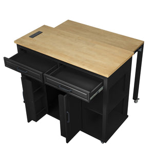 English Elm K&k Farmhouse Kitchen Island Extendable Table Rubber Wood Veneer Built-in Charging Storage Black N707S215327B