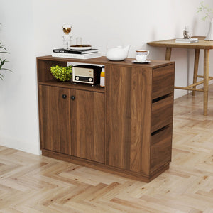English Elm Kitchen Small Sideboard Countertop Organizer with 2 Glass Sliding Doors, 3 Drawers & Display Shelf, Compact Storage Solution for Kitchen Living Room Office (43.7x17.32x9.84) W331P289098