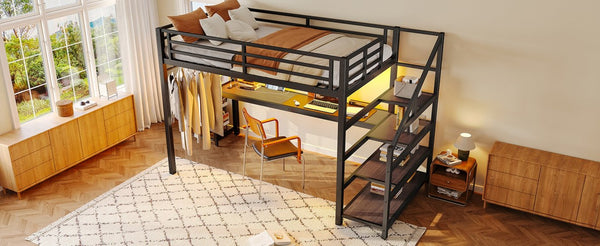 English Elm Twin Xl Metal Loft Bed with Stair Storage Shelves Sturdy Steel Frame for Dorms W1580S00481