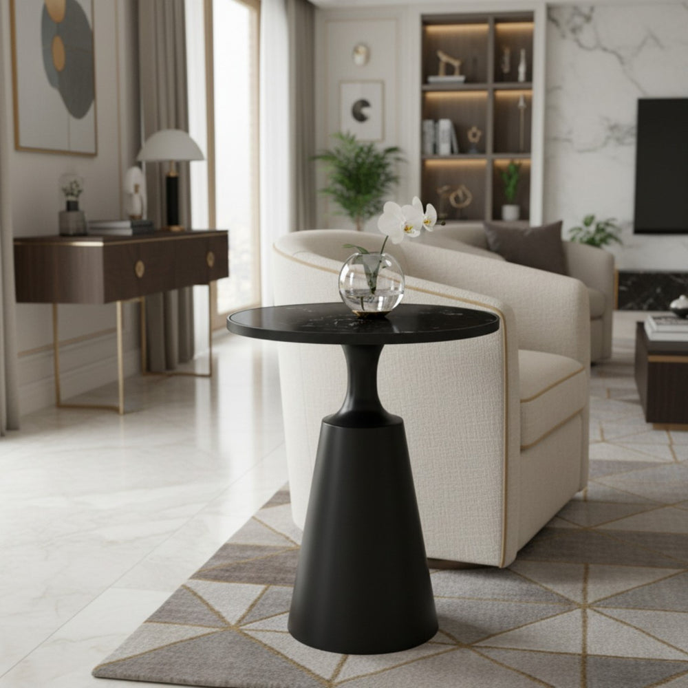 English Elm Modern Round Accent Table Marble Laminate Top Matte Black Iron Base Living Room N770P412286M