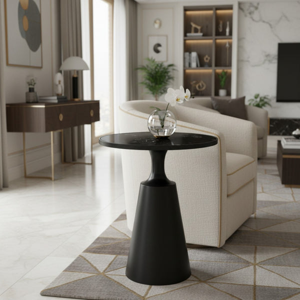 English Elm Modern Round Accent Table Marble Laminate Top Matte Black Iron Base Living Room N770P412286M