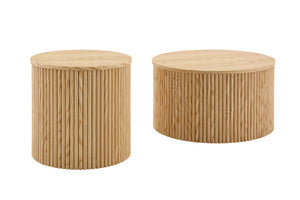 English Elm 2-piece Round Nesting Tables with Fluted Column Base Hidden Storage Oak Grain Finish Wood W3875P396797