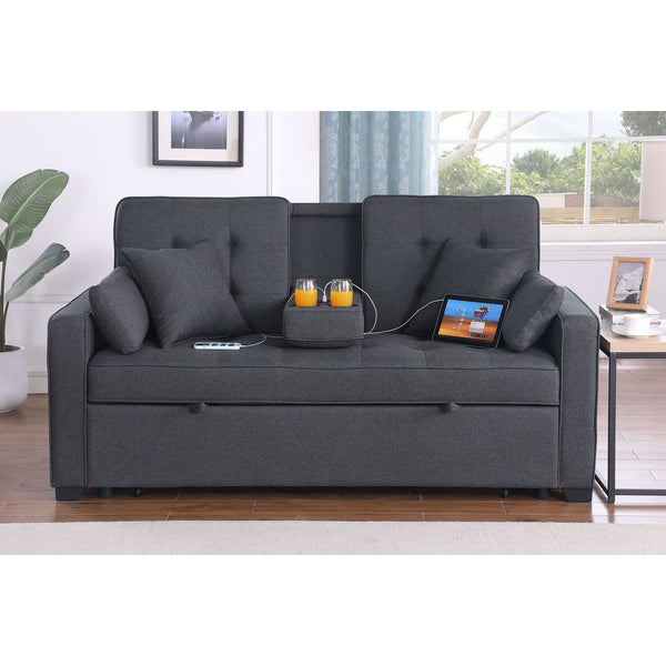 English Elm Linen Convertible Sleeper Loveseat with USB Ports, Cup Holders & Storage Pockets — Dark Gray Comfort B016S00047