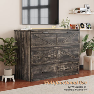 English Elm Queen Murphy Cabinet Bed Rustic Grey Farmhouse Style with Charging Station Storage W5271S00001