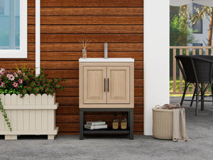 English Elm 24" Bathroom Vanity with Smooth White Ceramic Sink, Durable Metal Hinges, Adjustable Feet, Sleek Faucet & Open Iron Shelf Natural W688P224403