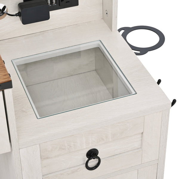 English Elm Farmhouse LED Vanity Desk with Sliding Mirror, Glass Top Storage, Built-In Charging Station & Stool White 37 L x 18.5 W x 13 H N733P340562K