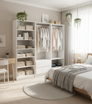 English Elm Prosper White Freestanding Walk-In Wood Closet System — Modular Oak Finish, Durable Melamine, Easy Assembly B040S00146