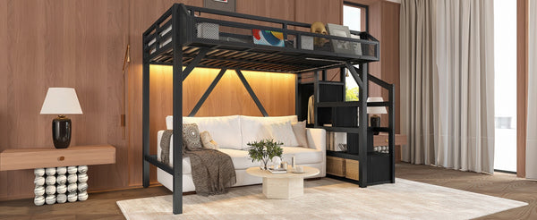 English Elm Full Xl Over Twin Triple Metal Bunk Bed with Storage Stairs and Shelves Black Black+Natural W1580S00407