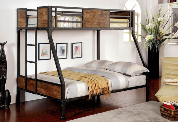 English Elm Twin Industrial Metal Bunk Bed with Wood Panels and Built-In Ladder, Guarded Top, Versatile Layouts Black 76 L x 58 W x 5 H B2741P353070