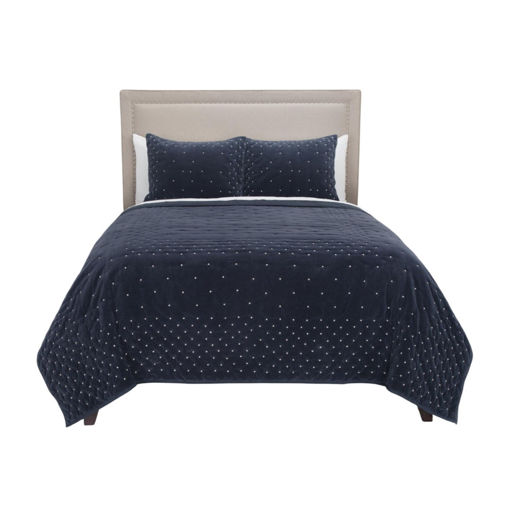 HomeRoots Indigo King Quilt - Soft Cotton Blend, Chic Polka Dot Design, All-Season Comfort, Machine Washable 480075