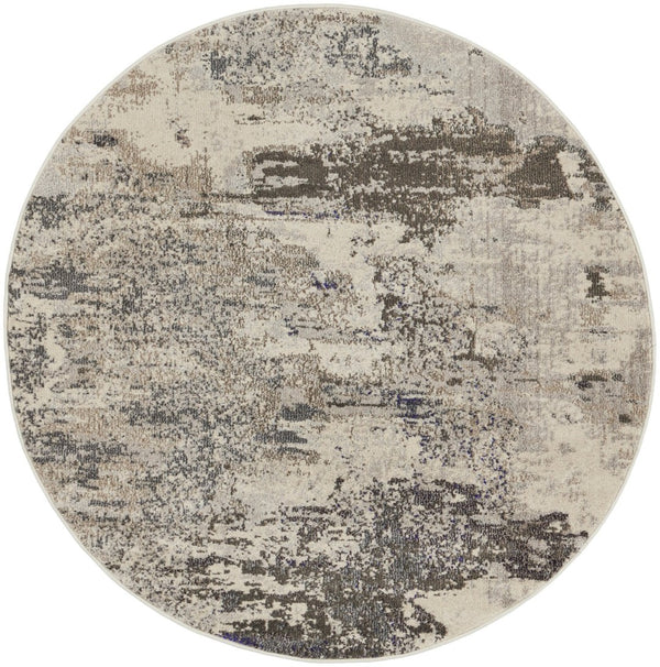 HomeRoots 4' Abstract Ivory and Grey Area Rug – Modern Power Loomed Design for Cozy, Stylish Living Spaces 5' Round Round 480119