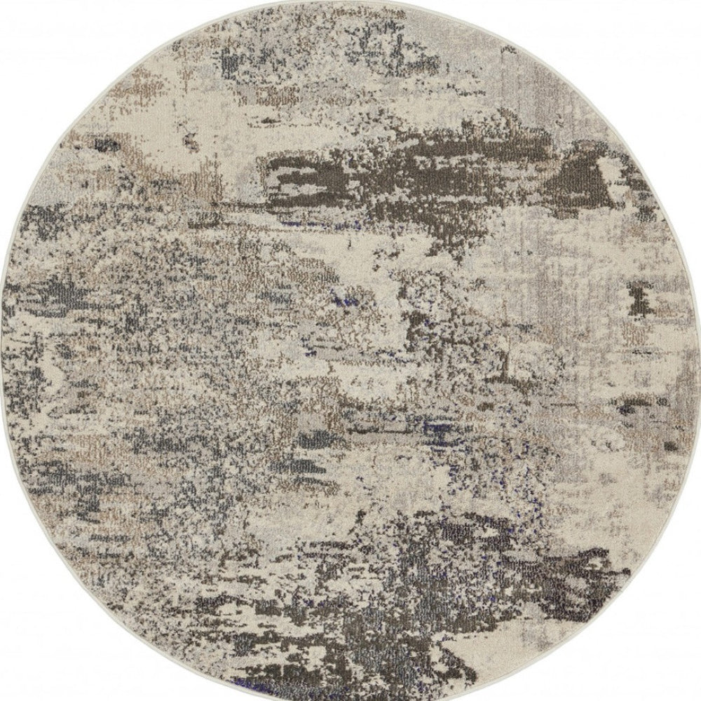 HomeRoots 4' Abstract Ivory and Grey Area Rug – Modern Power Loomed Design for Cozy, Stylish Living Spaces 5' Round Round 480119