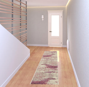 HomeRoots 2' X 8' Modern Ivory and Pink Abstract Power Loom Runner Rug - Soft, Non-Skid, Durable for Entryways 480124