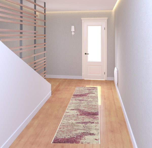 HomeRoots 2' X 8' Modern Ivory and Pink Abstract Power Loom Runner Rug - Soft, Non-Skid, Durable for Entryways 480124