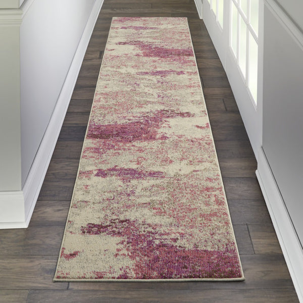 HomeRoots 2' X 8' Modern Ivory and Pink Abstract Power Loom Runner Rug - Soft, Non-Skid, Durable for Entryways 480124