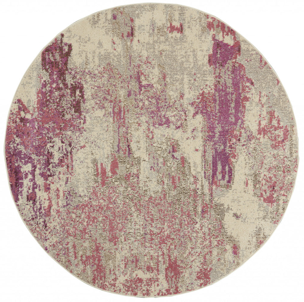 Homeroots 4' X 4' Ivory And Pink Round Abstract Power Loom Non Skid Area Rug  Polypropylene 480127